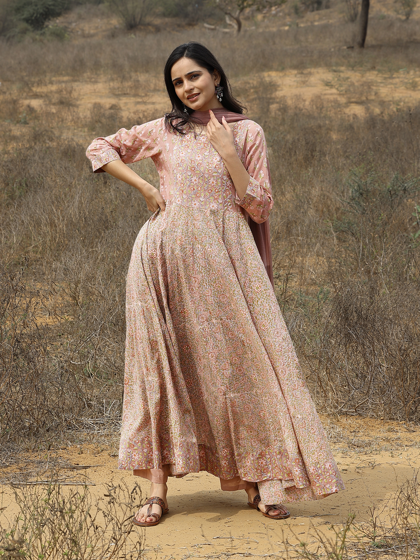 Light Brown Hand Block Cotton Printed Anarkali Kurta Set with Pant & Chiffon Dupatta